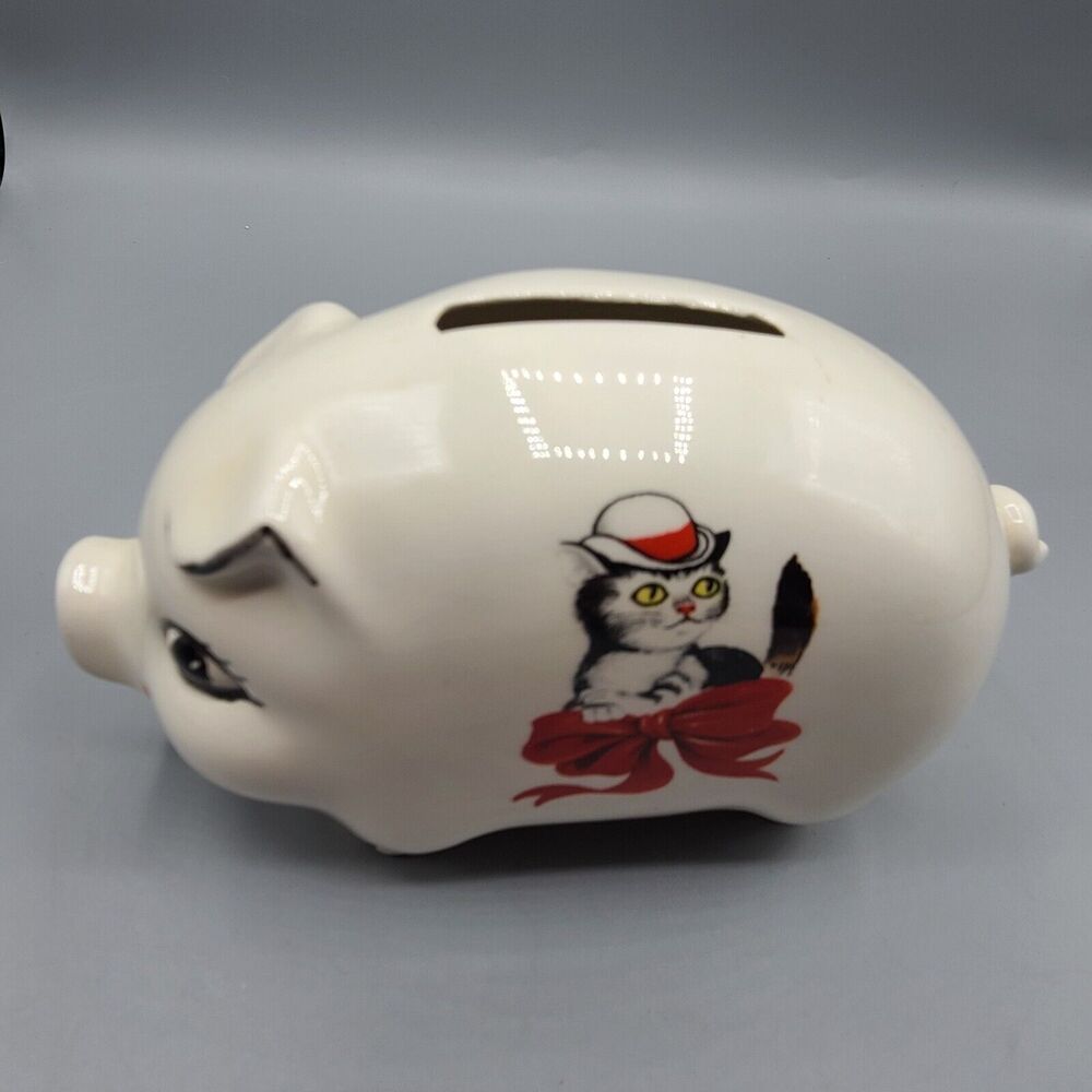 Vintage White Ceramic Piggy Bank With Cat In A Hat Decor